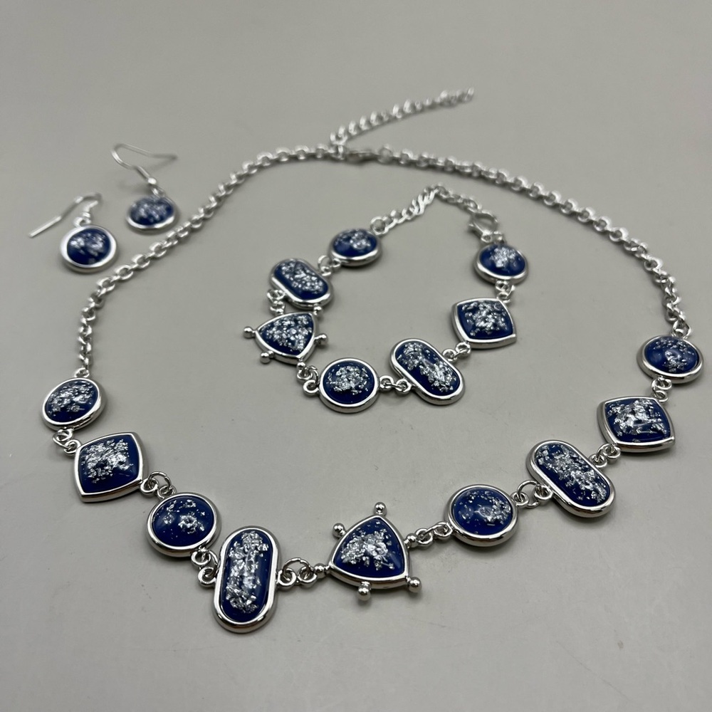 Elegant Blue and Silver Necklace, Bracelet and Earring Set